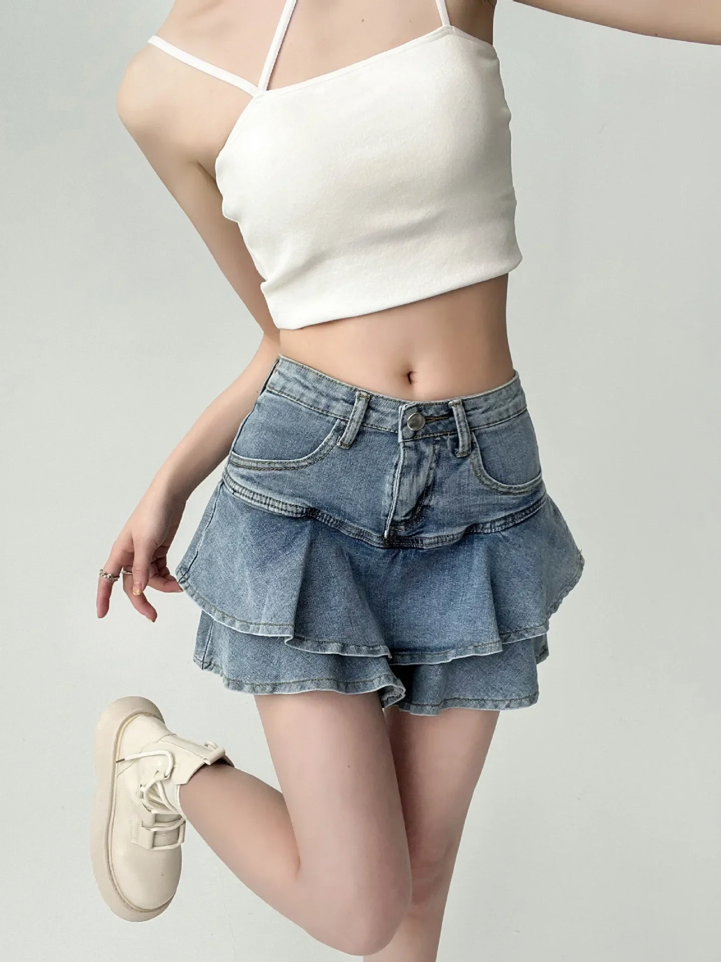 

Spice Girls Denim Skirt Anti-Slip Double Denim Skirt Women's Stretch High-Waisted Slimming A-Line Cake Skirt