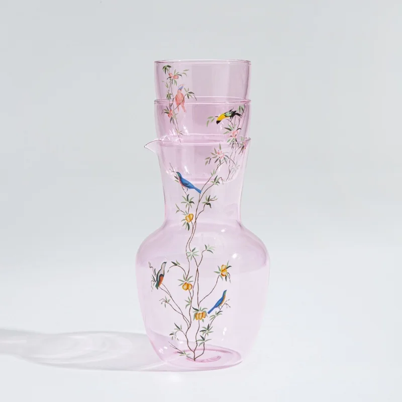Hand-Painted Kingfisher Pink Glass Carafe Set with 2 Cups And Lid Bedside Water Pitcher Unique Housewarming Gift