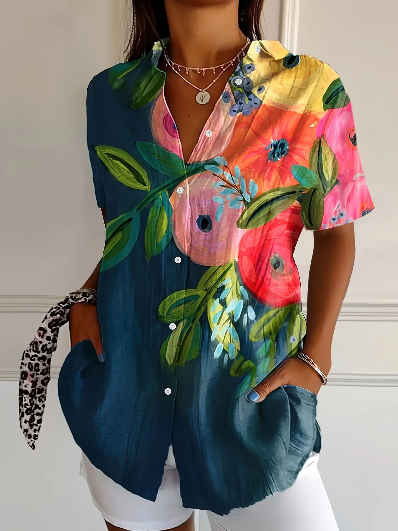 Romper Floral Print - Chemise boutonnée à manches courtes pour