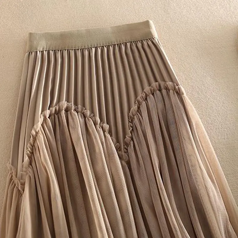 Elegant and Stylish Classic Multi-Purpose Mid-Length Spliced Mesh A-Line Skirt Pleated Full-Length Dress