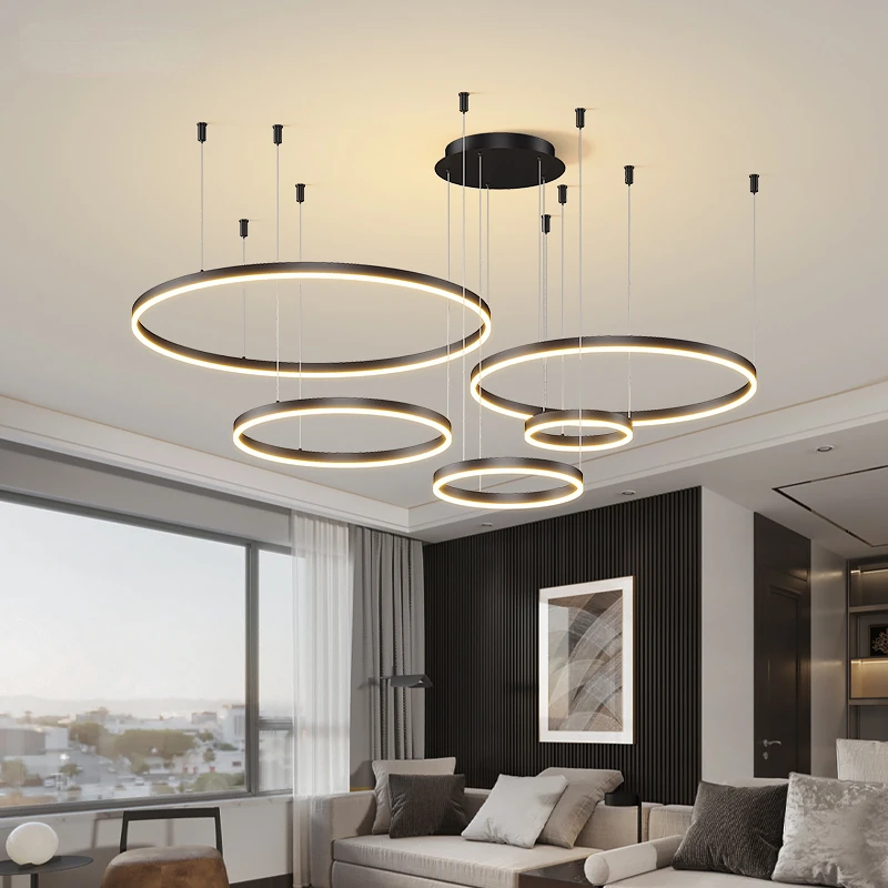 lustre led moderno de aneis escovados iluminacao domestica teto montado para sala de estar lampada suspensa do quarto luzes coloridas douradas e cafe 01