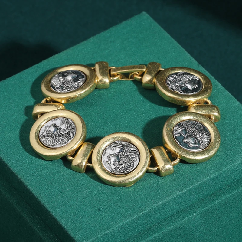 Vintage-Schmuck, Porträt-Armbänder mit antiken Münzen für Damen, rund, 18 Karat Goldfarbe, luxuriöses, hochwertiges Geschenk, Retro-Accessoires