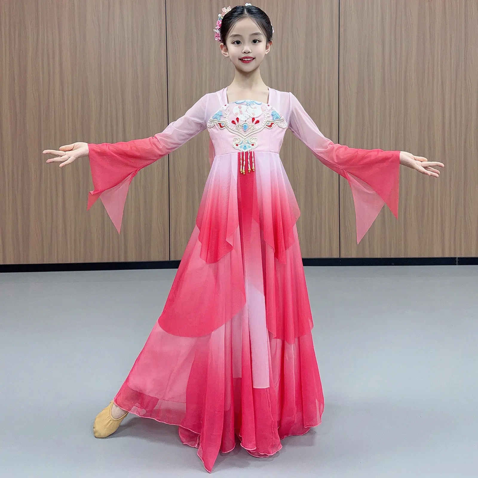 

Детский костюм для классических танцев, юбка в китайском стиле, юбка Ханьфу, костюм для танцевальных экзаменов, тренировочная одежда