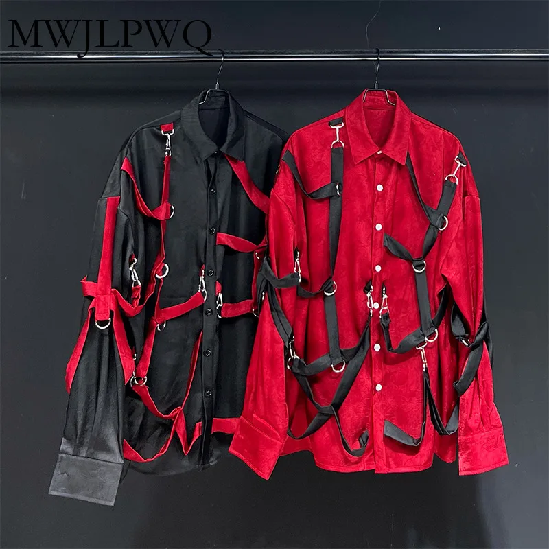 

MWJLPWQ Spliced Metal Lace Up Desigh Male Shirts Lapel High Street Long Sleeve Loose Casual Tops Single Breasted Clothes 010877