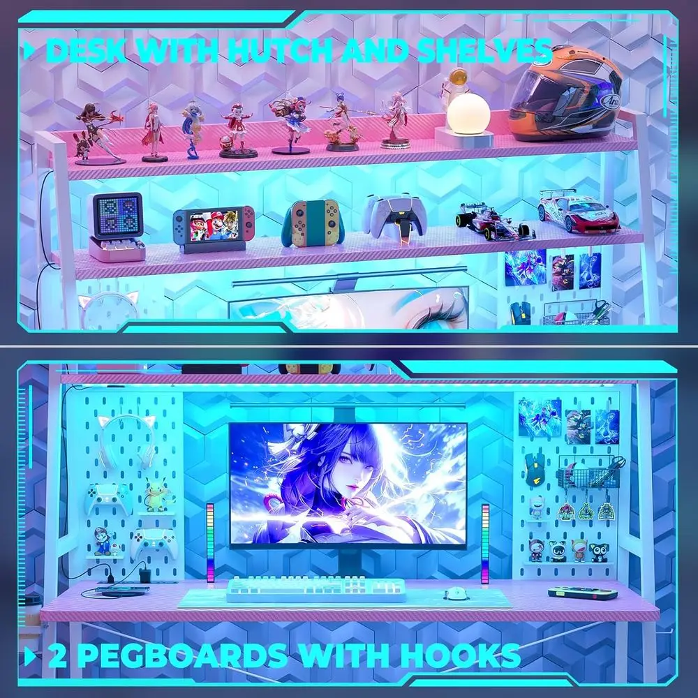 Escritorio para juegos rosa de fibra de carbono con iluminación LED con almacenamiento, aparador y tomas de corriente para 49 piezas en el dormitorio