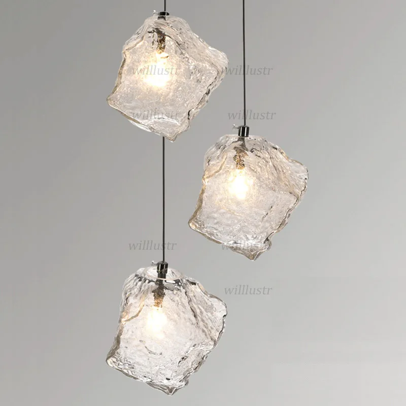 Handblown Glass Pendant Lamp Irregular Ice Block LED Suspension Light Hotel Staircase Cafe Bar Bedroom Hanging Chandelier