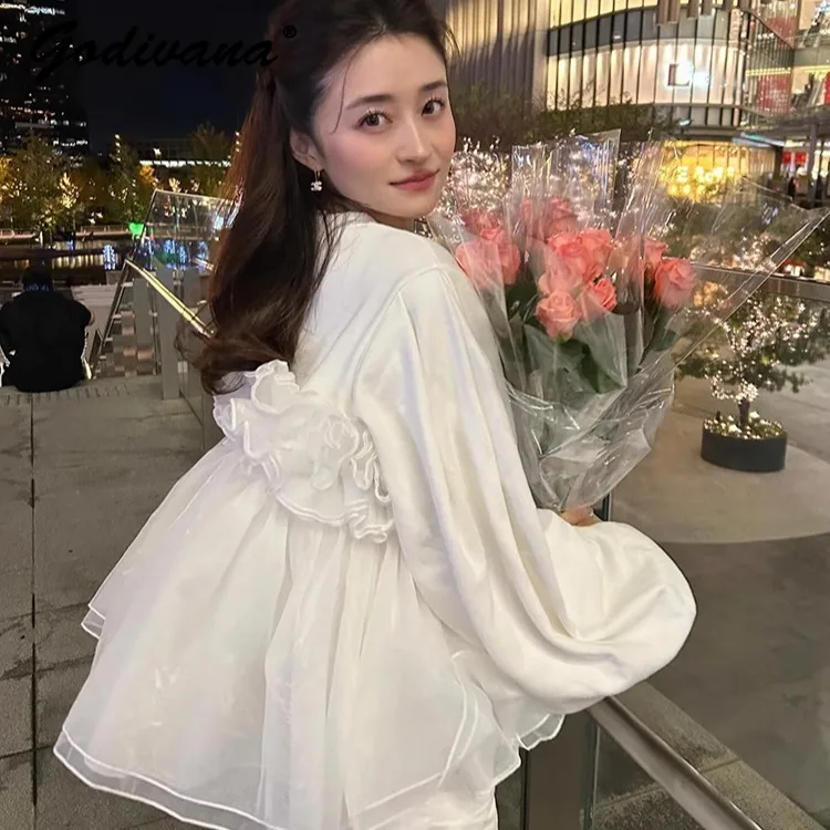 Japanese Sweet Multi-layer Pleated Fluffy Tulle Splicing Long Sleeve Sweatshirt Crew Neck Female Spring Fall Casual Hoodie Tops