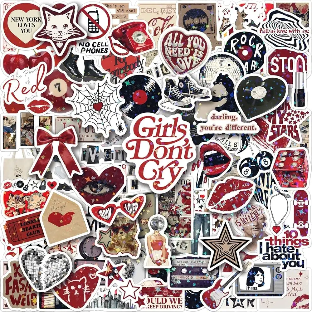 

Набор из 102 голографических стикеров в стиле Downtown Girl, Y2K Grunge, милые трендовые красные наклейки для бутылок с водой и декора