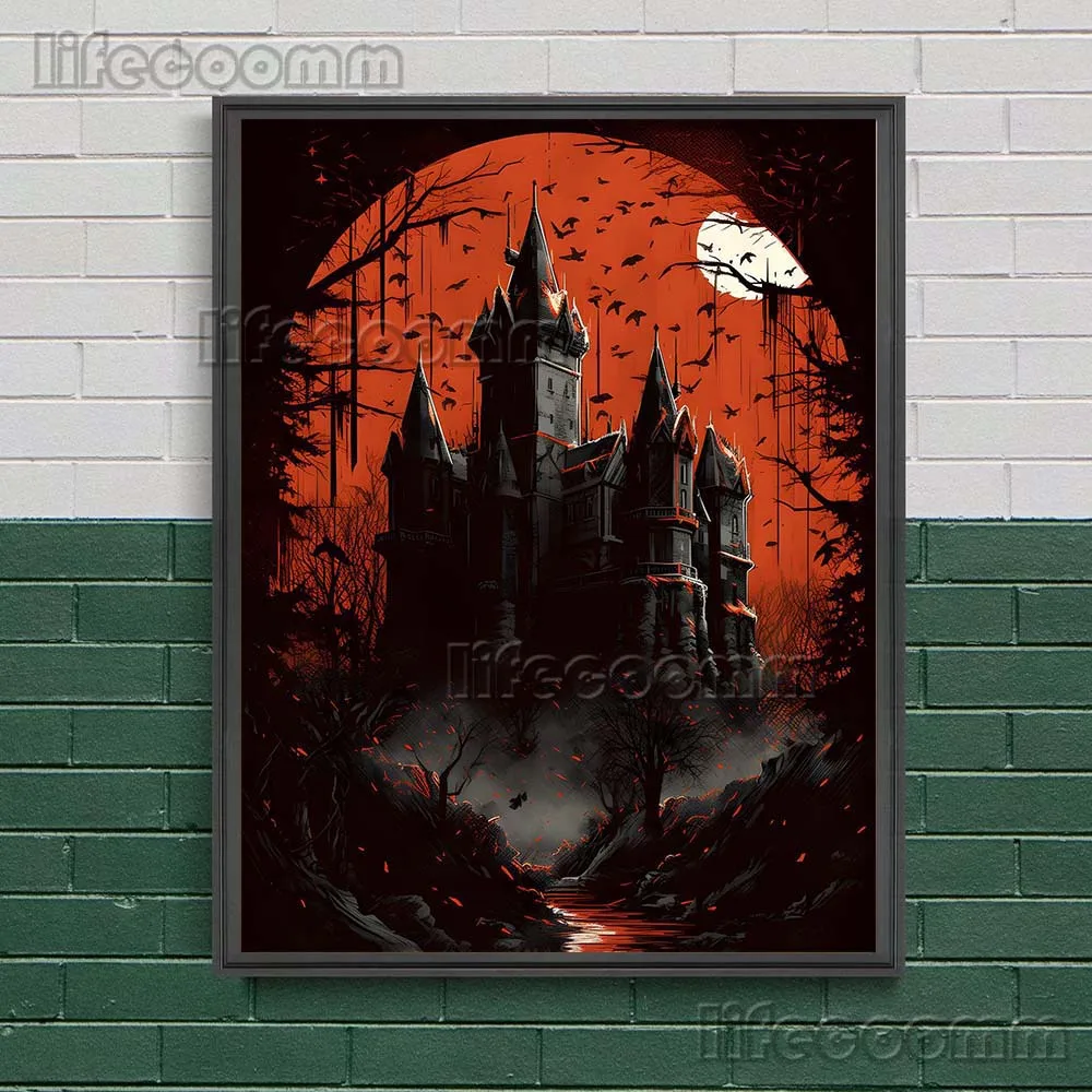Dracula Castle And Witch House Vintage Wall Art Canvas Painting Mysterious Dark Haunted House Gothic Art Poster Print Home Decor