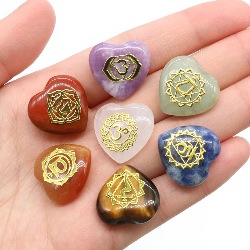 

7 Chakra Stones Heart Shape Reiki Healing Crystal with Engraved Chakra Symbols Meditation Balancing Tumbled Palm Stone Set of 7