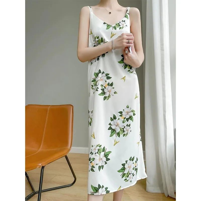 シルクブレンド サマー新作 スレヴァイオン アソーファイア レディース ストラップ付き ミディアム丈 アセテートサテンベーススカート Aラインガウン