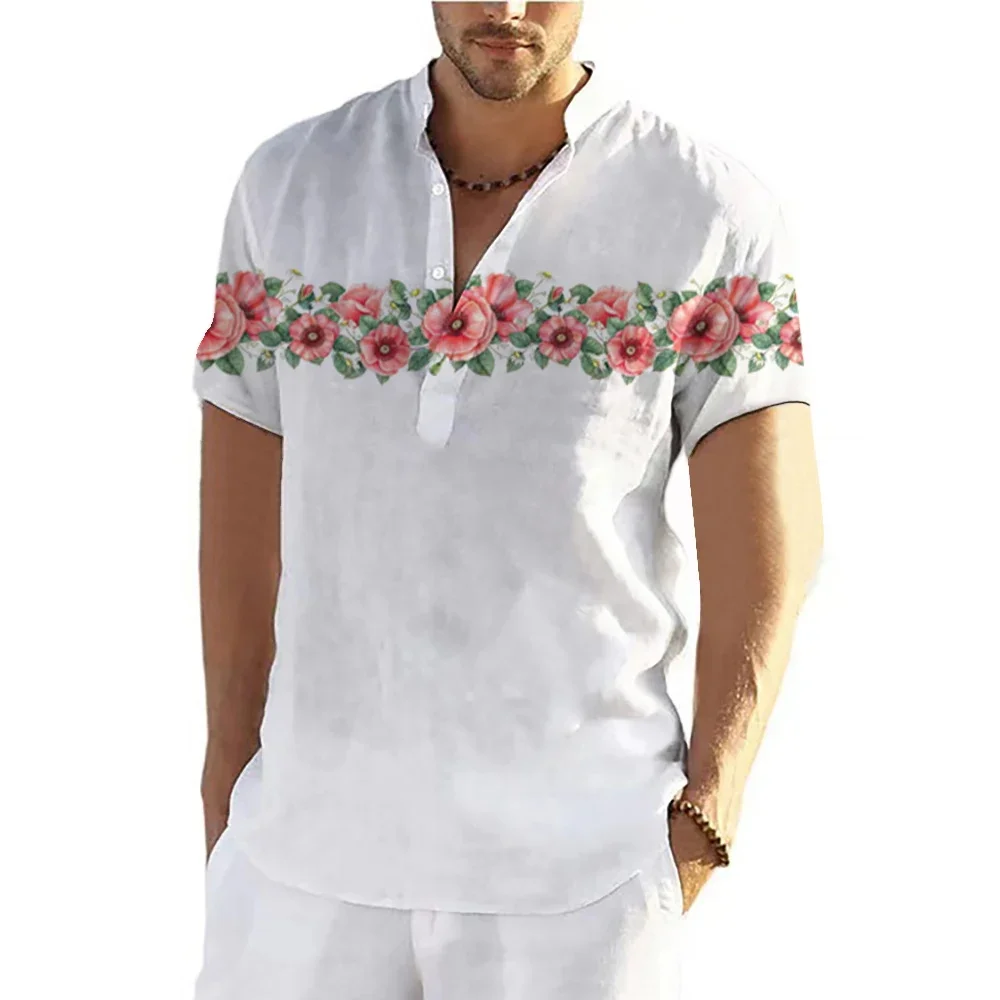 

Flower And Plant Design Sense 2024 New Retro Men's Short Sleeved Button Up Shirt Stand Up Collar Casual Short Sleeved Shirt