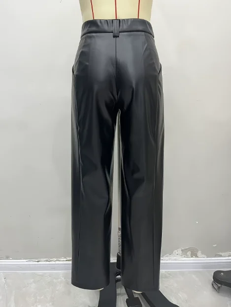 2026 عادية أنيقة مثير الخريف الشتاء جديد عالية الخصر ماتي بولي Leather الجلود مستقيم الساق السراويل النساء الإناث بنطلون قاع غير رسمي #5