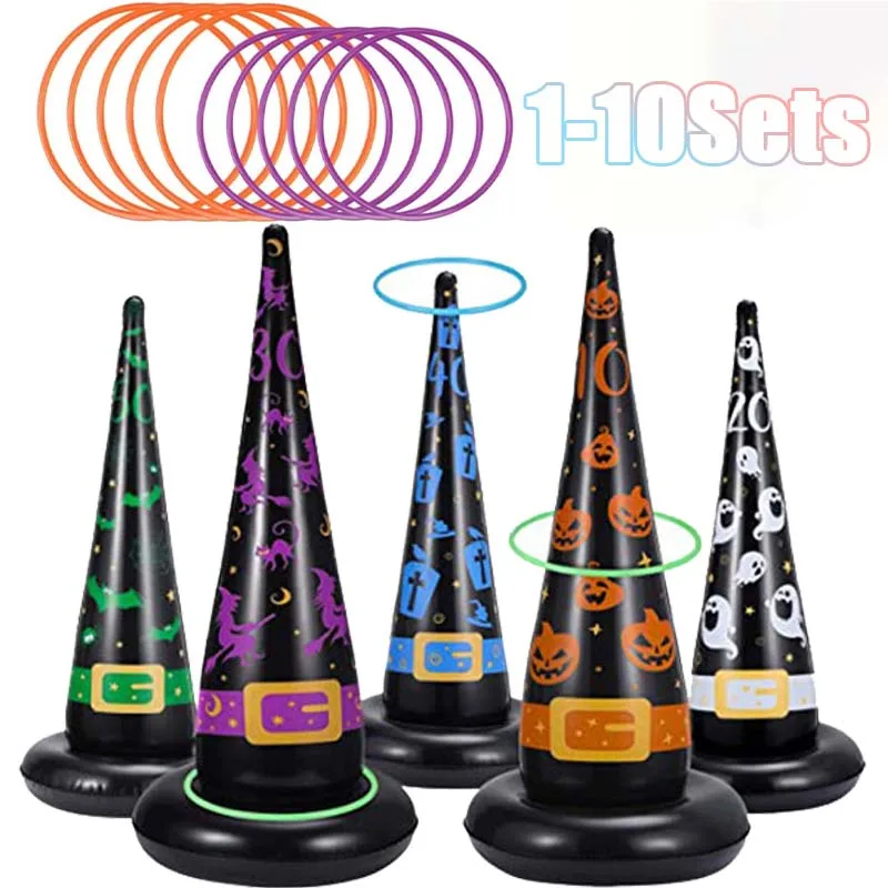 1-10Sets Halloween PVC Inflatable Witch Hat Ring Toss Toy Outdoor Indoor Interactive Inflatable Ice Cream Cone for Kids