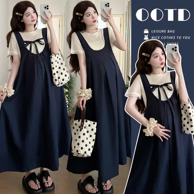 

Maternity Set Summer 2026 French Style Elegant Temperament Simple Versatile Loose Short Sleeve Top And Strap Dress Two Piece Set