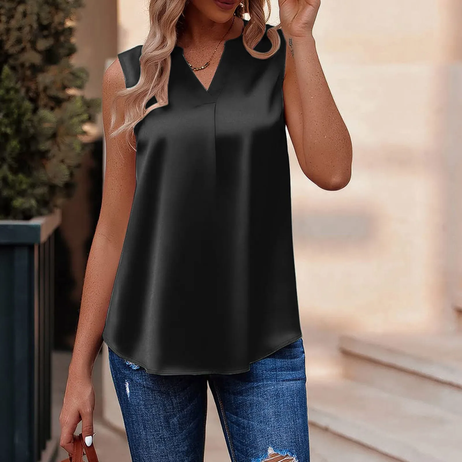 Women's V Neck Vest Summer Loose Fit Sleeveless Blouses Basic Tunic Work Tank Shirt Camisole Long