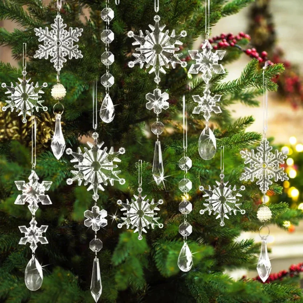 12pcs Crystal Christmas Ornaments for Tree Decorations-Hanging Snowflake with Pendants for Winter Wonderland Chandelier Crystals