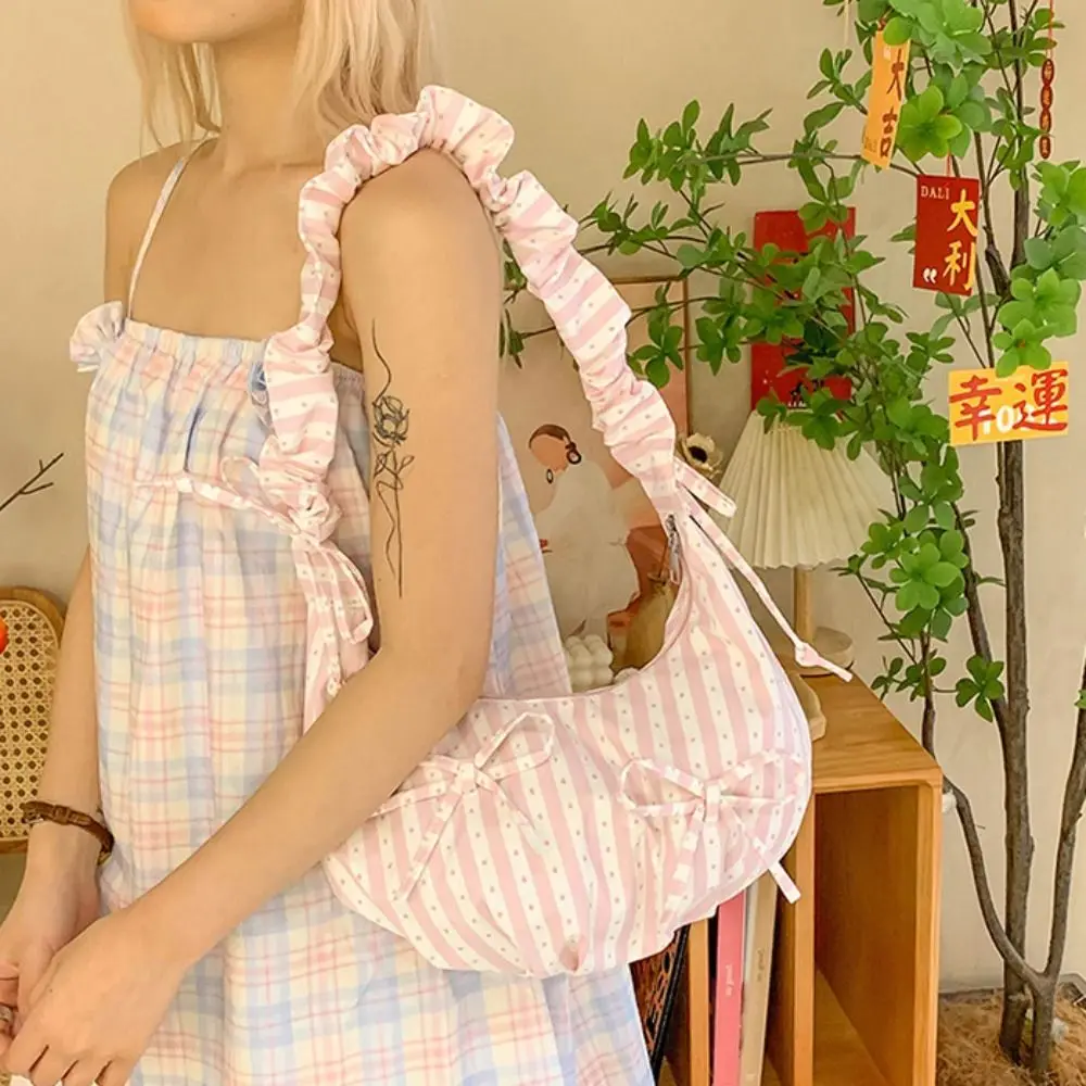 

Casual Sweet Cloth Dumpling Bag Fresh Color Stripe Bowknot Tote Bag Underarm Bag Pastoral Style Pleated Shoulder Bag Students