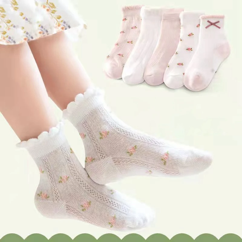 

5Pcs Baby Girls Socks Soft Cotton Breathable Mesh Socks Cute Strawberry Newborn Toddler Socks Baby Clothes Accessories 0-3 Years