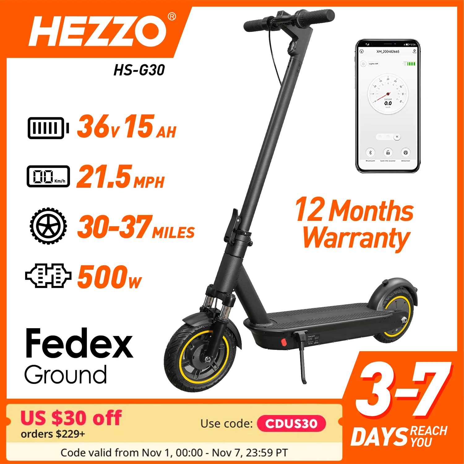 HEZZO G30 36v 500w Electric Scooter Moped 21MPH 37.5 Miles 10 Inch 15Ah Foldable Mobility Escooter Front Suspension US Warehouse