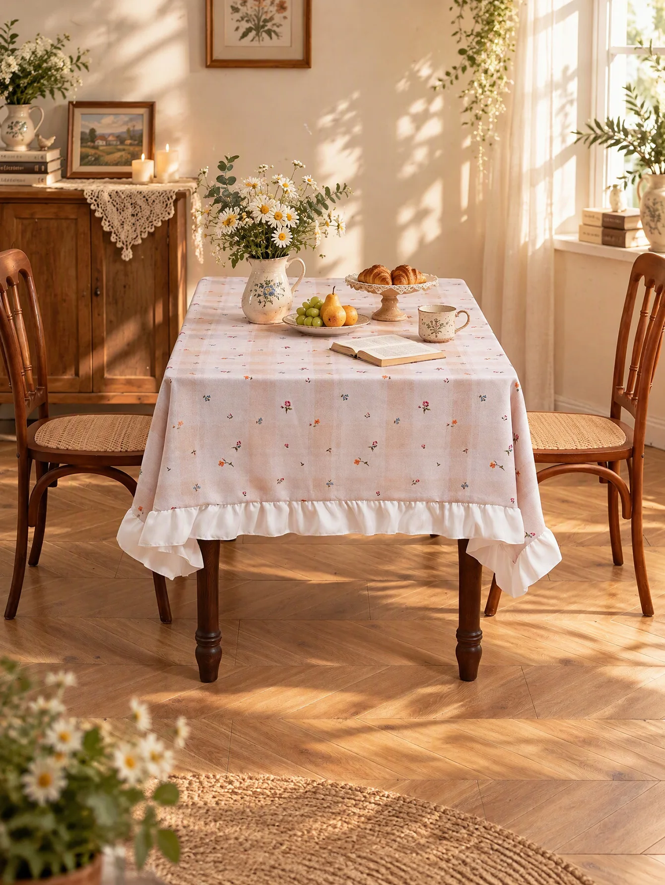 Apricot Tablecloth Small Floral Plaid Pattern Table Cover for Kitchen Dining Table Afternoon Tea Home Decoration