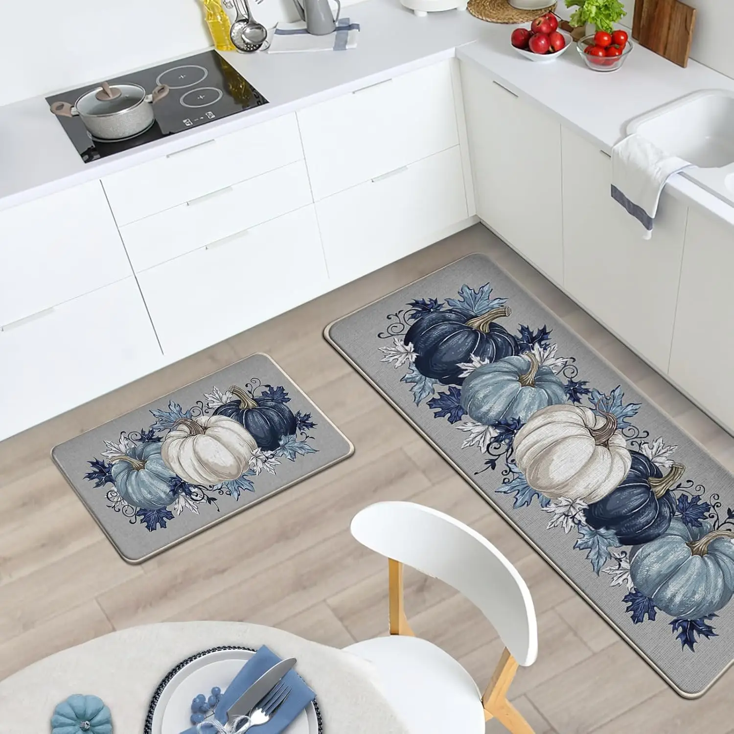 Fall Blue White Pumpkin Kitchen Mat Autumn Decor Anti-slip Corridor Balcony Rugs Maple Leaves Floor Mats Thanksgiving Decoration