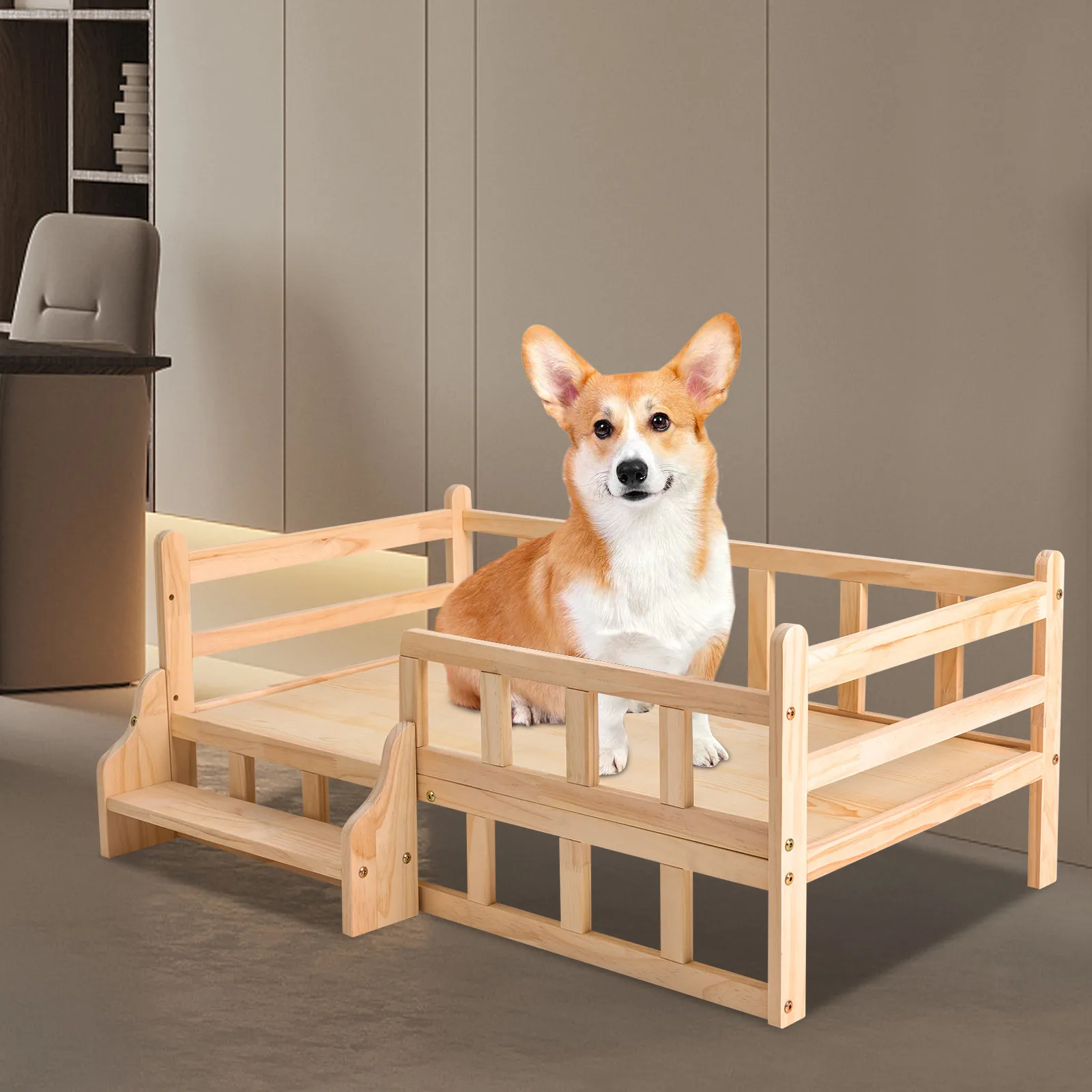 

37.8*22in Solid Pine Wood Pet Bed Frame Elevated Fence Dog Cat Bed Comfortable