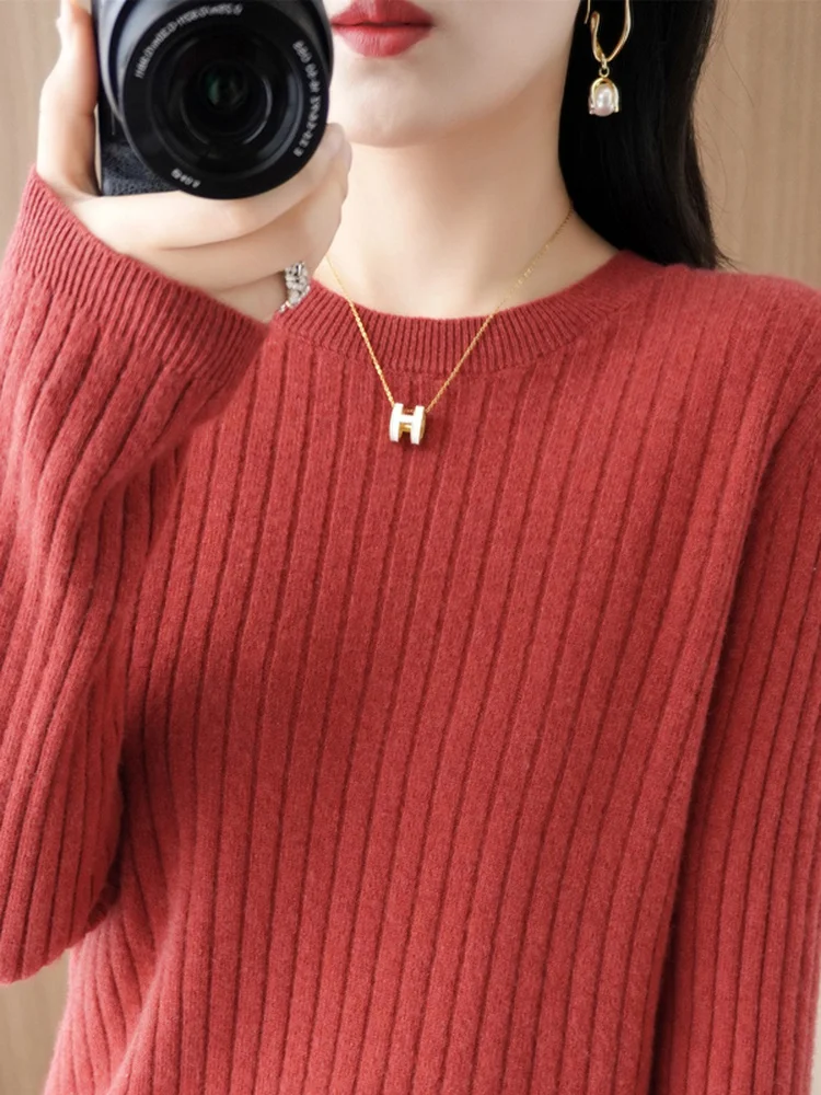 

Женский вязаный шерстяной свитер с круглым вырезом, весна-осень, новинка, повседневный, свободный крой, в полоску, базовый слой, модный