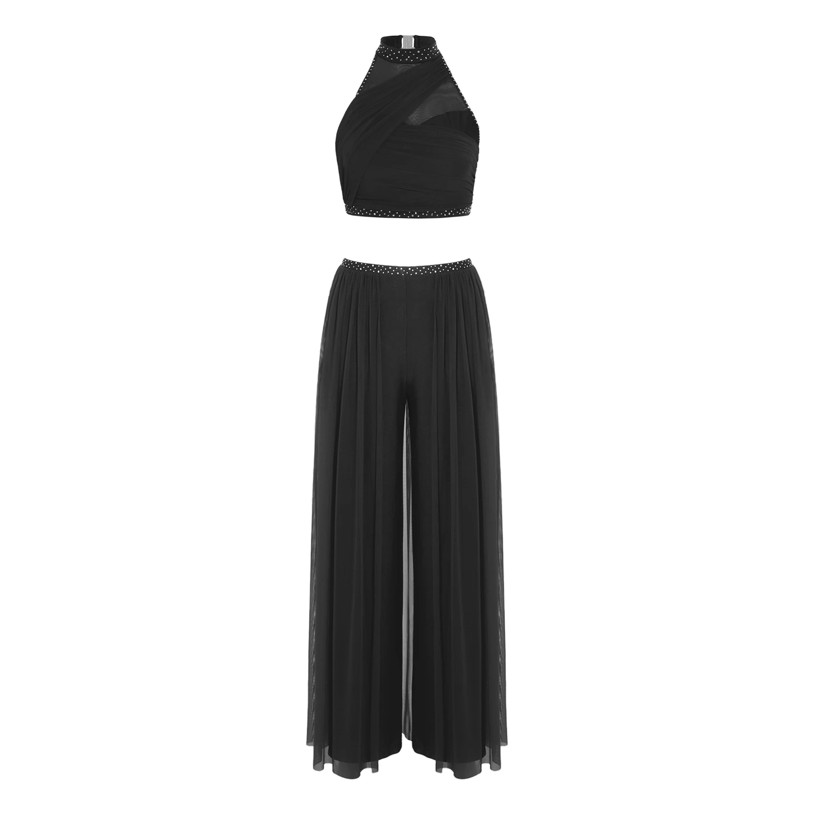 Women Shiny Rhinestone Mesh Modern Lyrical Dance Crop Top with Wide-Leg Culottes Skating Gymnastics Acrobatics Ballet Clothes