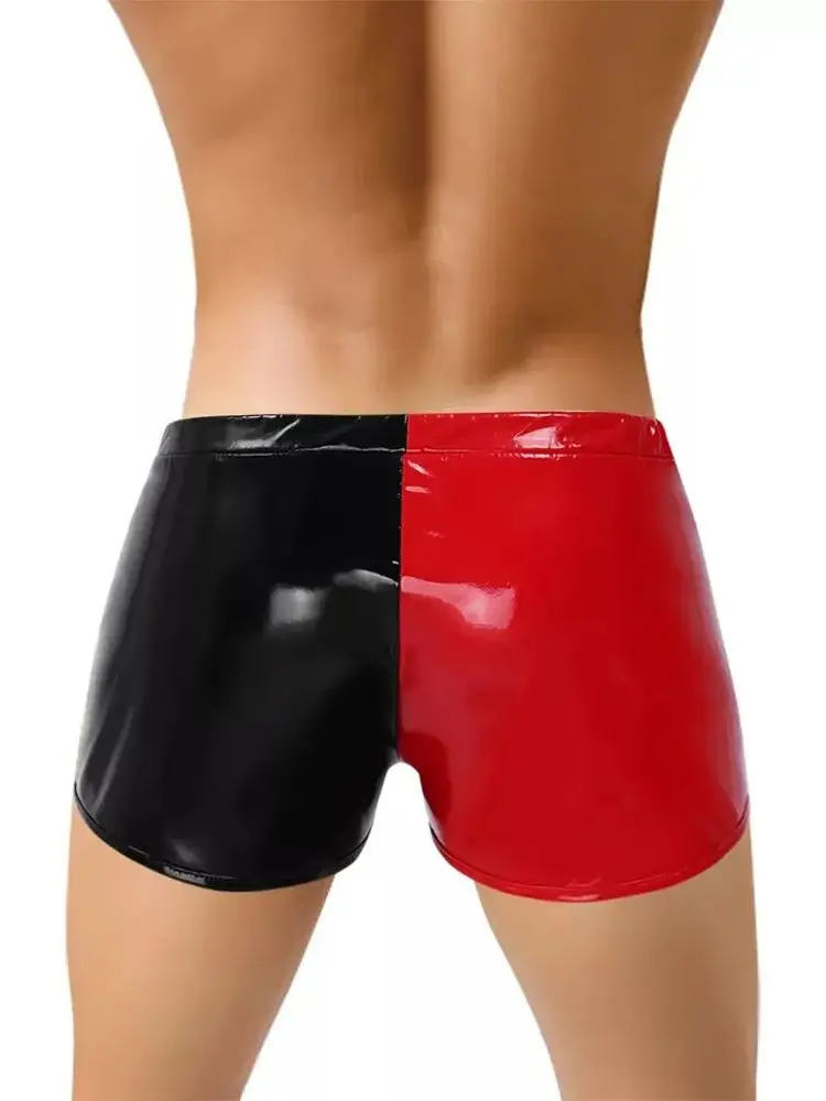 S-5XL Contrast Color Wet Look PVC Shorts Men Convex Pouch Zipper Shiny PU Leather Trunks Boxershorts Tights Calzoncillos Boxer