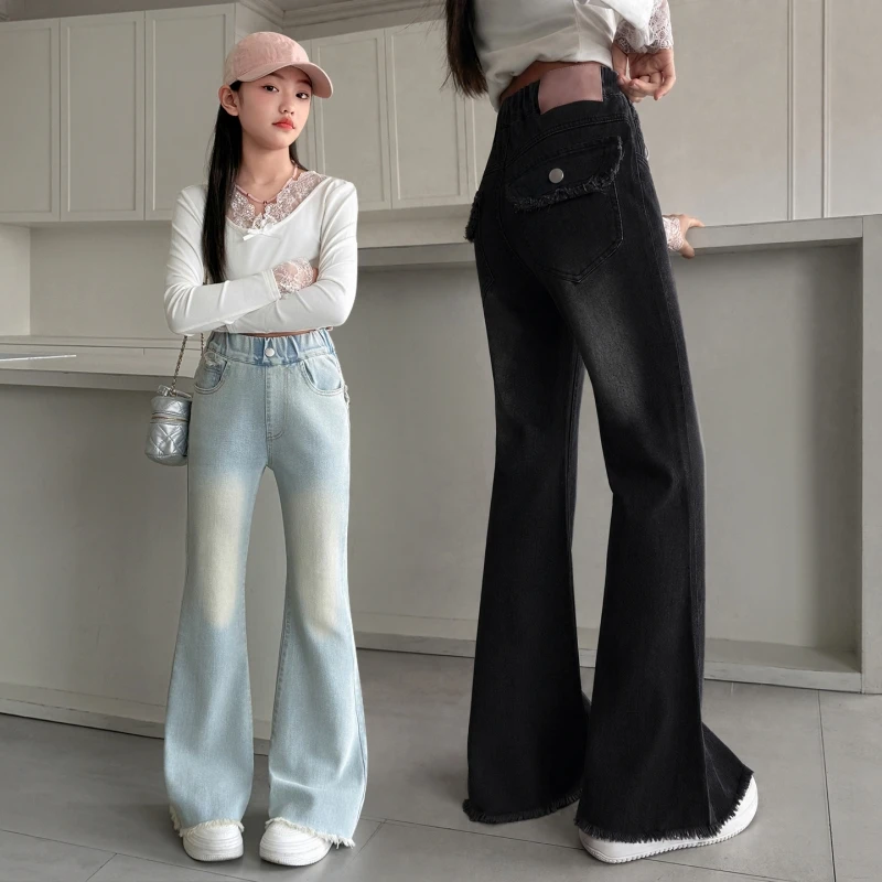 Girls Flare Jeans Slim Fit Casual Pants Frayed Raw Edge Hem High Waist Gradient Distressed Denim Long Pants Spring Autumn