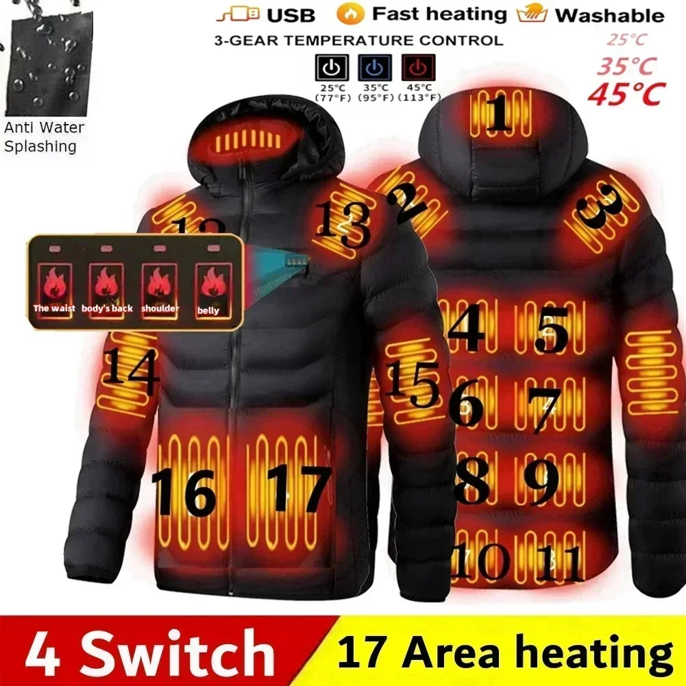 17 zona jaqueta de aquecimento dos homens inverno usb quente casaco grosso inteligente duplo controle temperatura roupas esqui com capuz casaco de