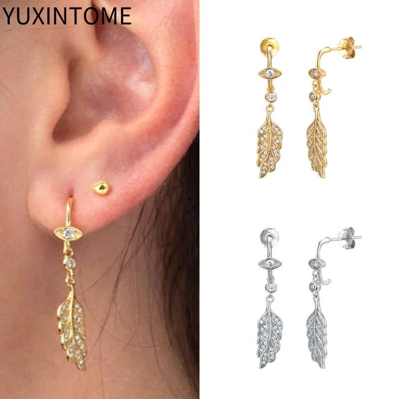 

925 Sterling Silver Needle Feather Dangle Stud Earrings for Women Pave Crystal Eye Piercing Earring Luxury Jewelry Accessories