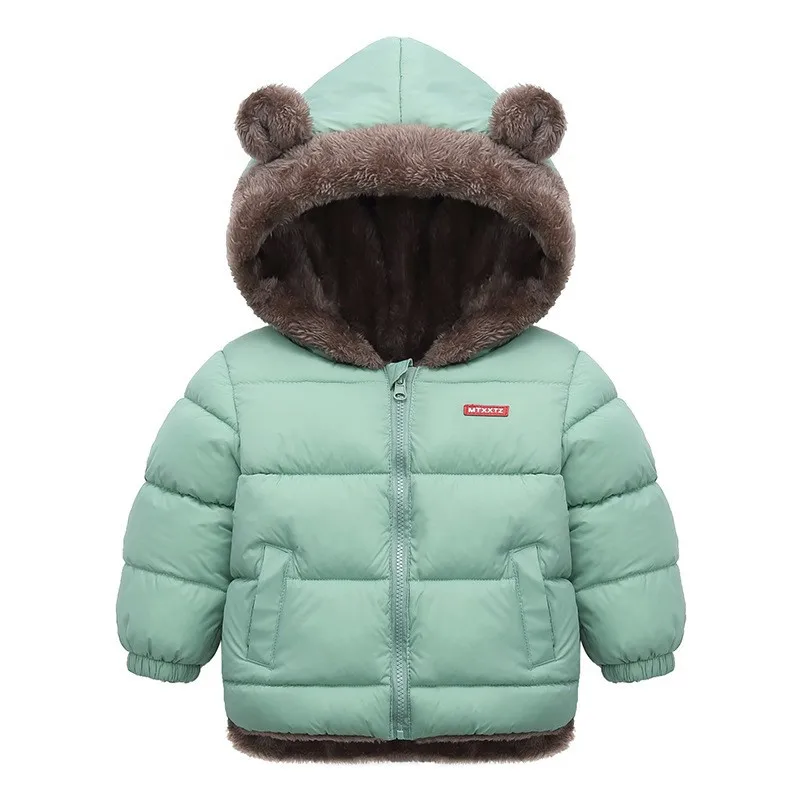 Baby Herbst Winter Kinder Baumwollkleidung Jacke mit Taschen Einfarbige Daunenjacke mit Ohren Kleinkind Mantel Langarm Baby Baumwollkleidung – Detail 7