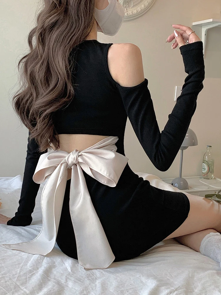 Mini abito donna aderente Y2k adorabile nodo a farfalla aperto sul retro Slim Fit irregolare avvolto Hip abiti da donna primavera estate