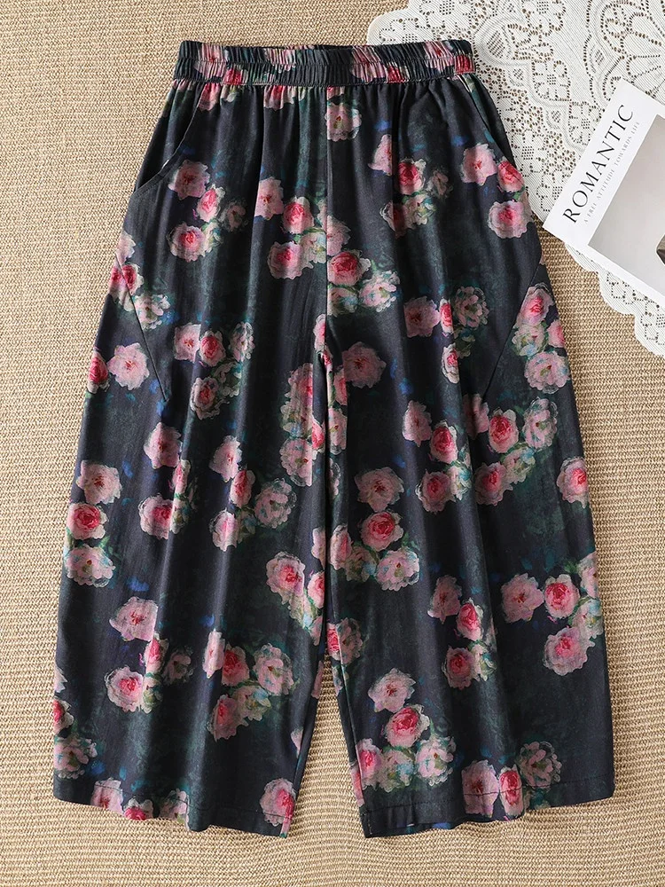 Casual High Waist Wide Leg Pants Floral Print Elegant Personality Design 8-Point Pants for plus Size Women Fashionable Leisur...