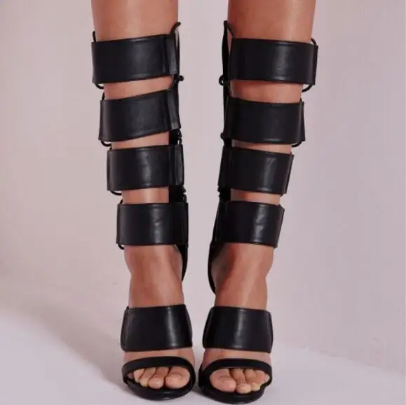 

Summer Woman Black Matte Leather Hollow Open Toe Knee High Sandals Boots Lady Roman Gladiator Thin Heels Zipper Back Long Boots