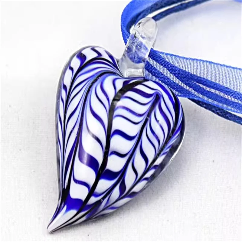 Handmade Stripe Bicolor Heart Glaze Pendant Murano Lampwork Glass Pendant For Women\'s Necklace Sweater Chain Bracelet Jewelry