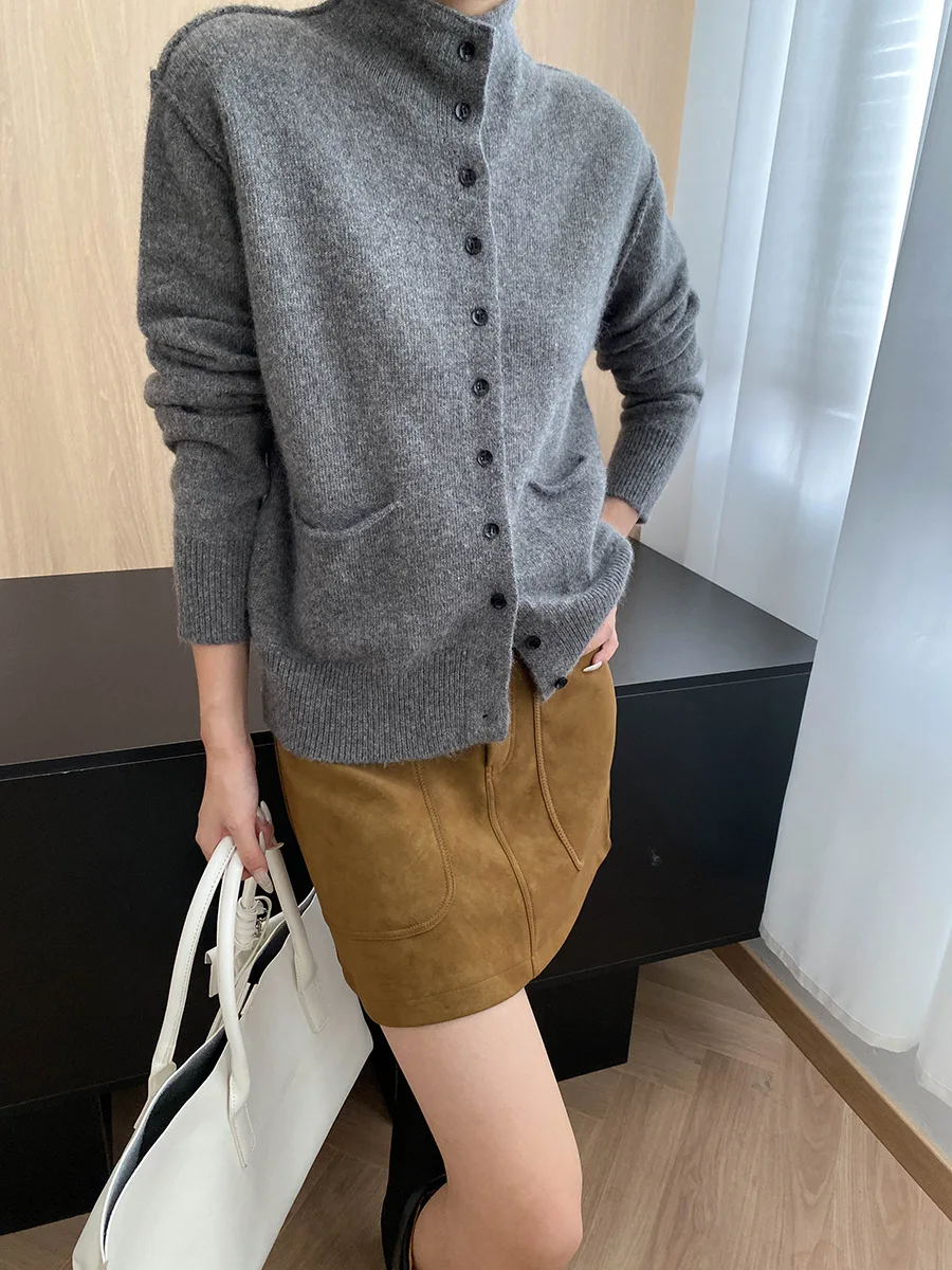 Cárdigan de punto adelgazante suelto con un solo pecho y cuello levantado con diseño de nicho de color sólido informal para mujer