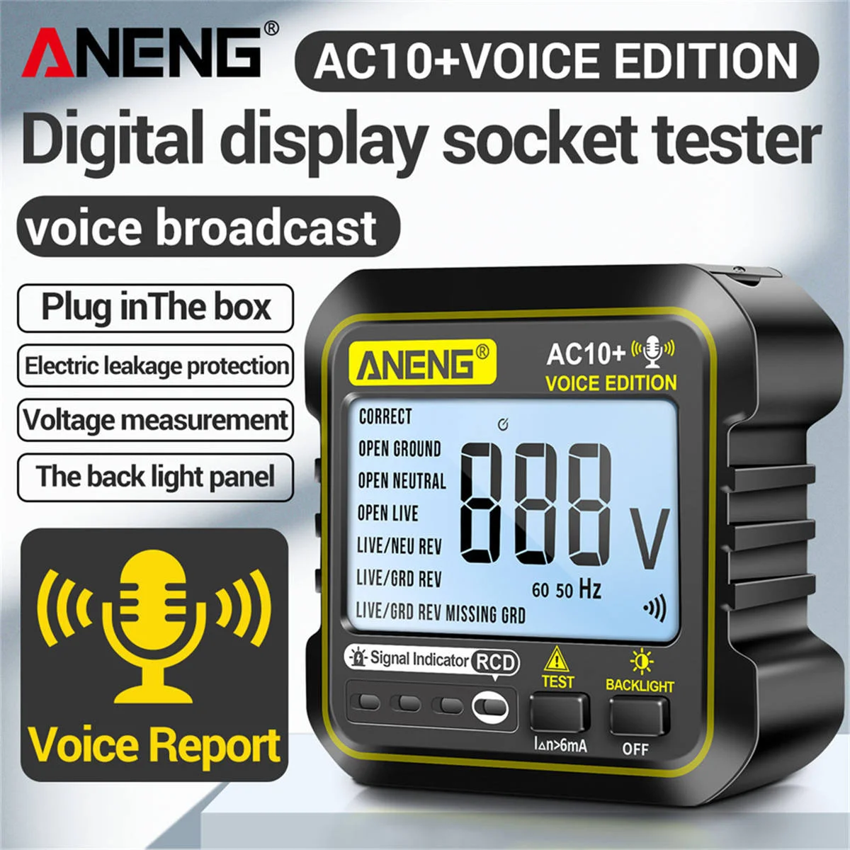 ANENG AC10+ Socket Testing Instrument with Voice Broadcast Outlet Checker US/EU Zero Fire Line Circuit Breaker 1 Year Warranty