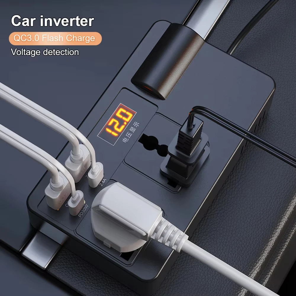 DC 12V/24V to AC 110V/220V Converter USB/PD/Type-C Chargers 200W 7 Ports Sockets Car Inverter Power Adapter Car Inverter QC 3.0
