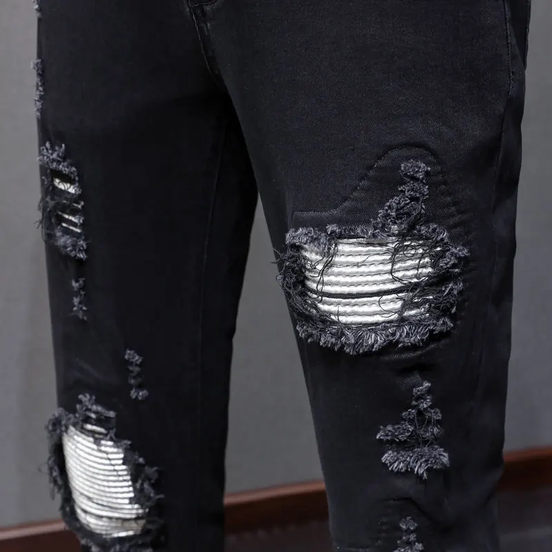 

Men's black jeans nostalgic washed elastic slim fit perforated patch jeans designer high street hip-hop brand pants