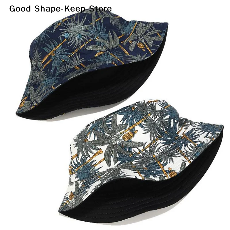 Fashion Double Sided Cartoon Graffiti Bucket Hat Travel Sun Cap Men Women New Banana tree double-sided fisherman's hat