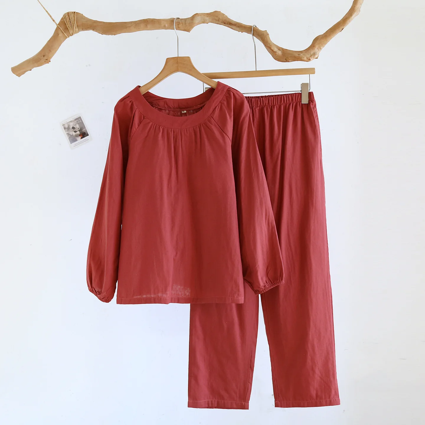 National Style Red Cotton Gauze O-Neck Pullover Pants Women's Pajamas Set Home Clothes