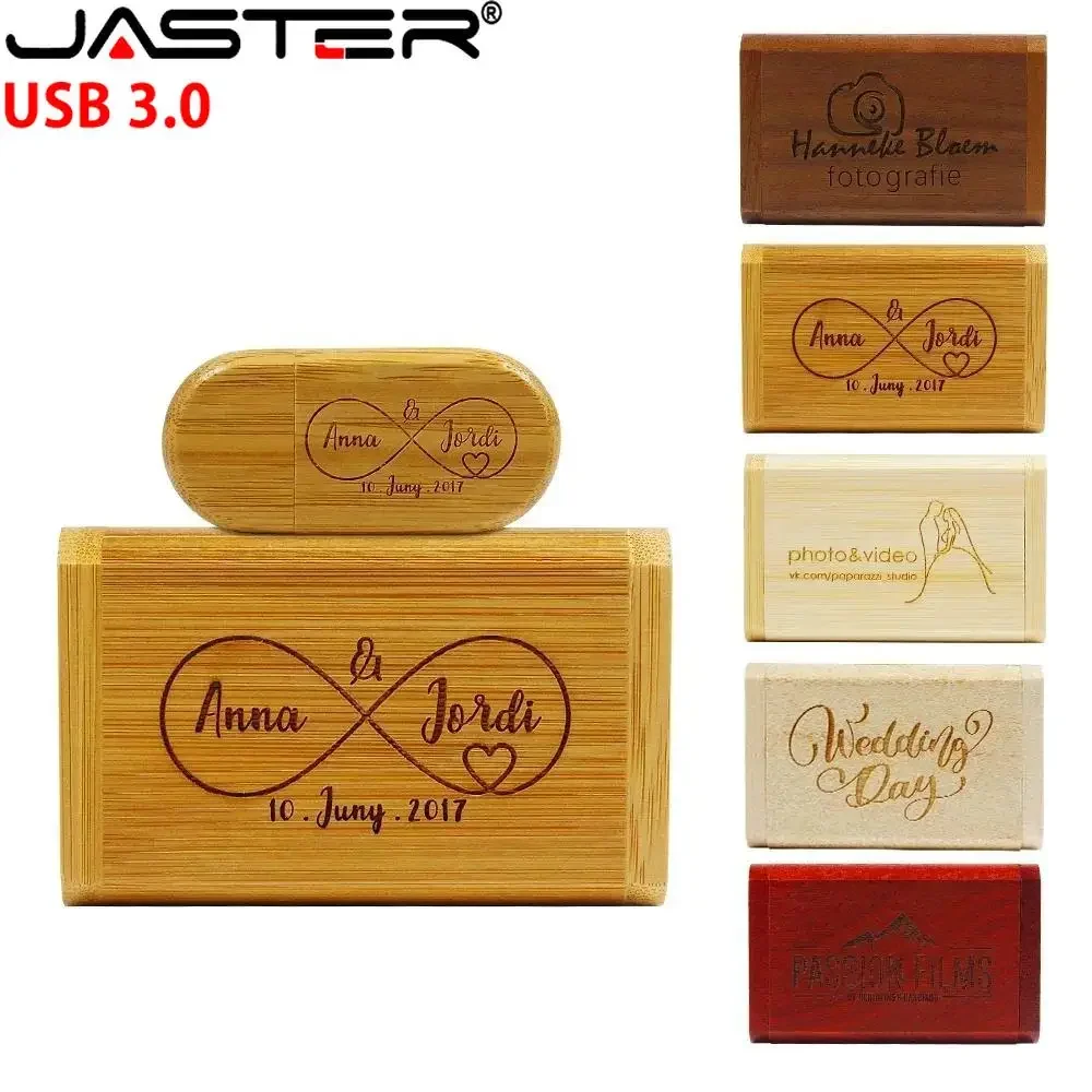 JASTER-Clé USB 3.0 avec boîte en bois, logo personnalisé gratuit, clé USB en bambou, cadeau de mariage, clé USB, 128 Go, 32 Go, 64 Go