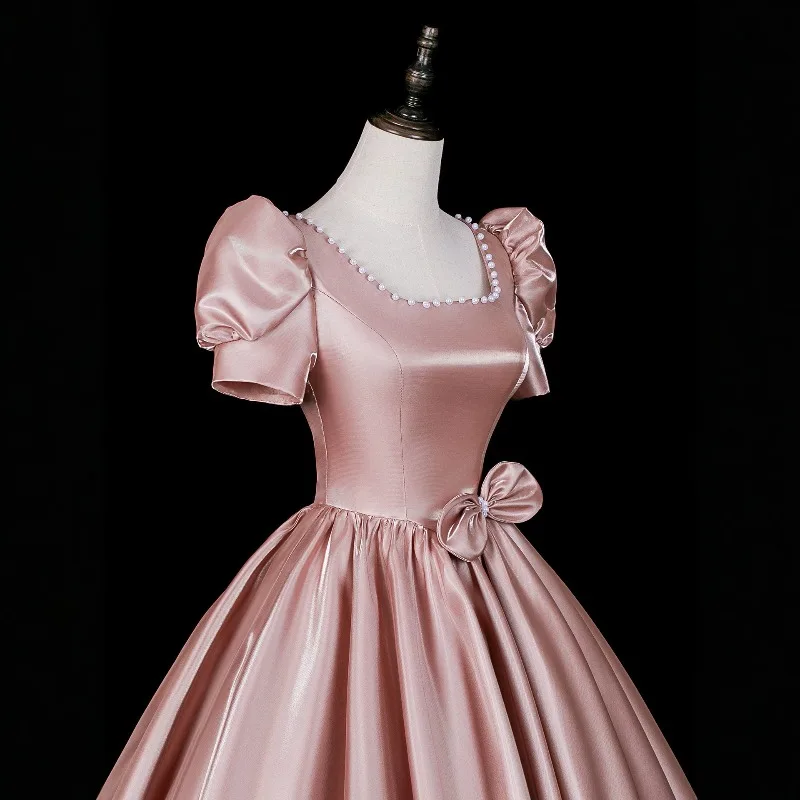 2026 Summer Women's New Vintage Satin Square-Neck Evening Gown Fashion Slimming Sexy Backless Long Bubble Sleeve Dress view 4