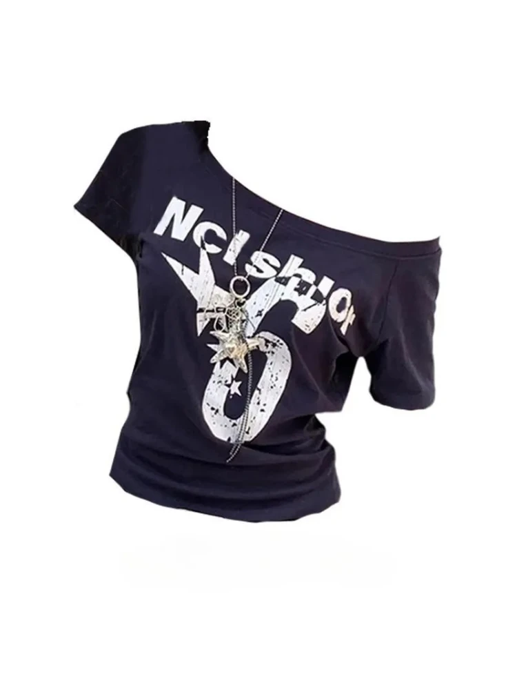 

Summer Y2k Aesthetic Off Shoulder Tops Women Sexy Style Vintage Letter Print Short Sleeve T-shirt 2000s Fashion Casual Clothes