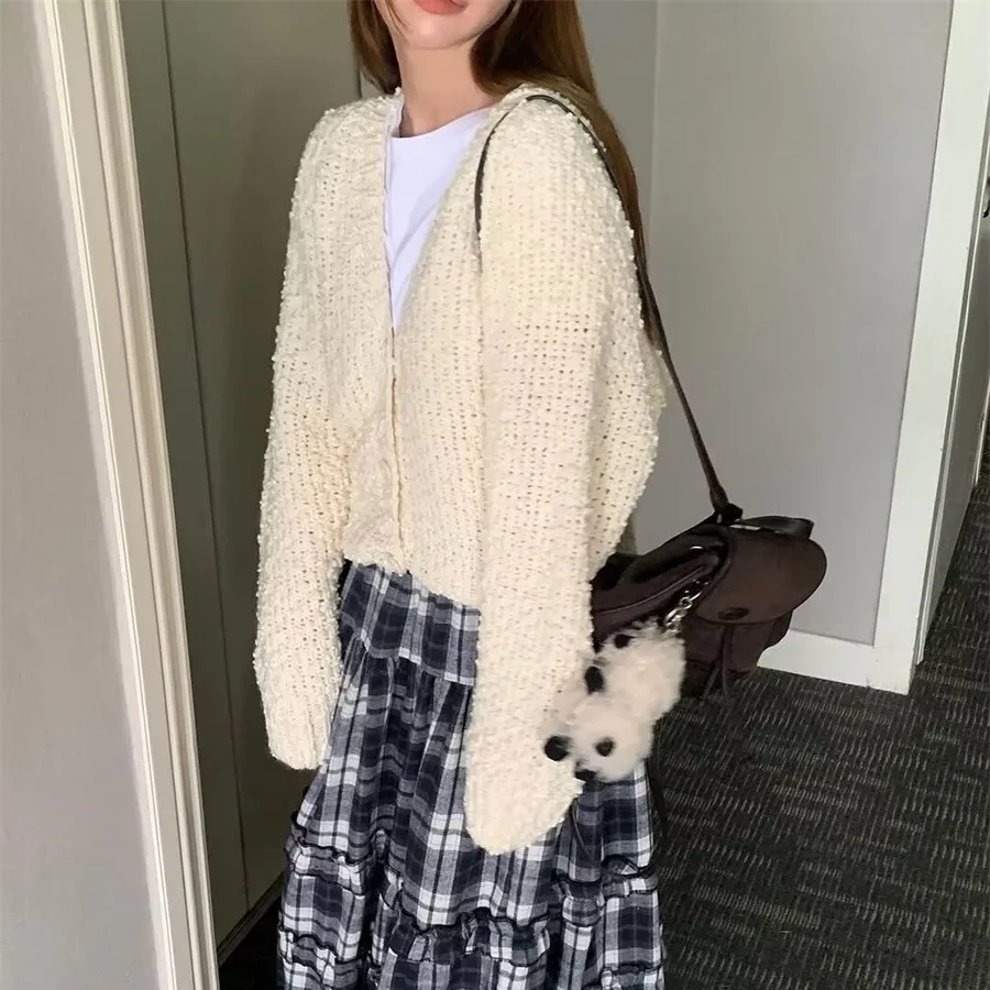 

Свободный вязаный свитер с v-образным вырезом, женский шикарный осенне-зимний новый однотонный длинный открытый кардиган-топ для молодежи