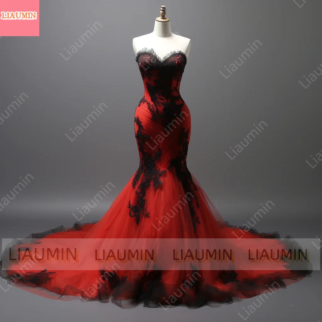 New Red and Black Lace Edge Applique Strapless Ball Gown Mermaid Full Length Evening Dress Formal Occasion Customized W3-2