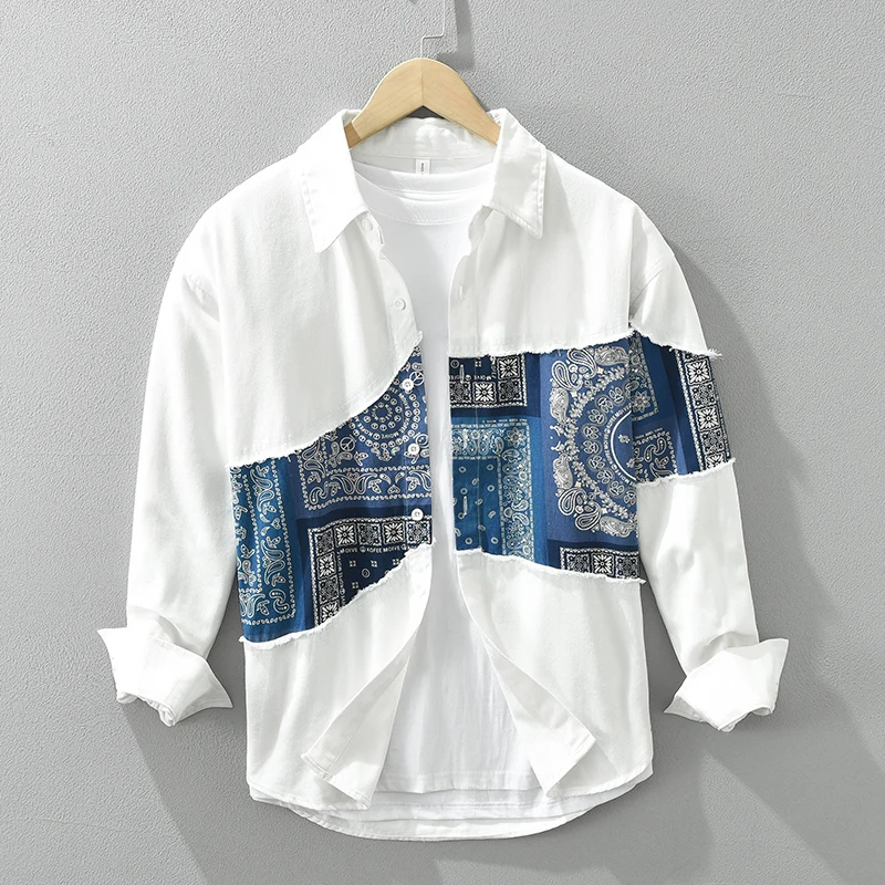 Paisley Patchwork Shirt for Men Cotton Long Sleeve Shirts Loose Plus Size Men\'s Clothing